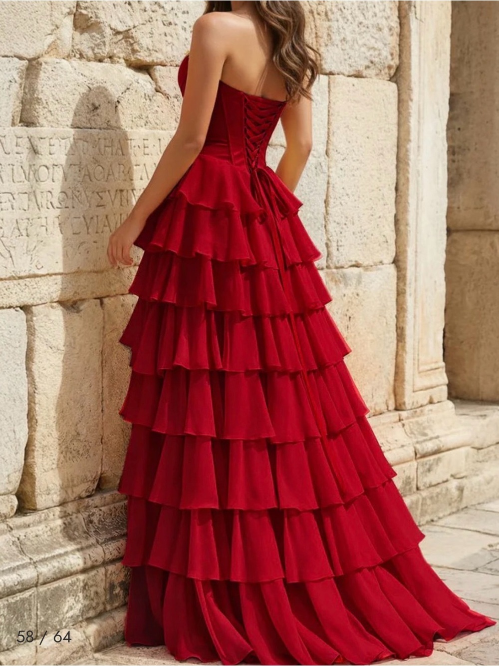 Strapless Red Tiered Ruffle Evening Gown